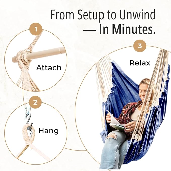 Hanging Hammock Chair Swing – Hanging Chair Outdoor & Indoor - Hammock Swing Chair – Quick & Easy Setup with Hardware Kit – Durable & Spacious Full Body Support – Holds 440 Lbs