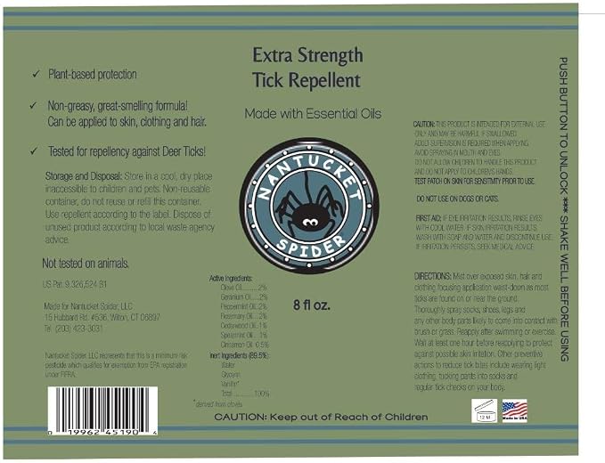 Nantucket Spider Tick Repellent Spray (8 oz) | DEET-Free | Essential Oil Tick Repellent | Made in USA