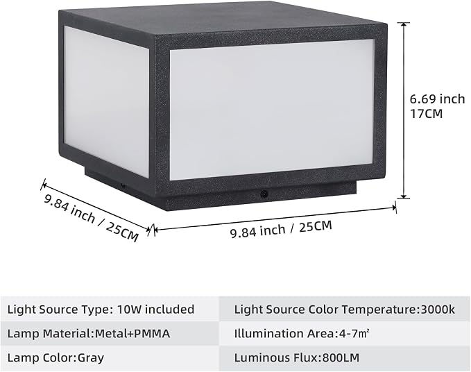 Outdoor Modern Post Light Hardwired,10" Square Metal Column Lights for Pier Mount & Flat Surface, IP65 Waterproof Sparkly Grey Stainless Steel Pillar Lamps for Patio Garden Driveway Deck Outside