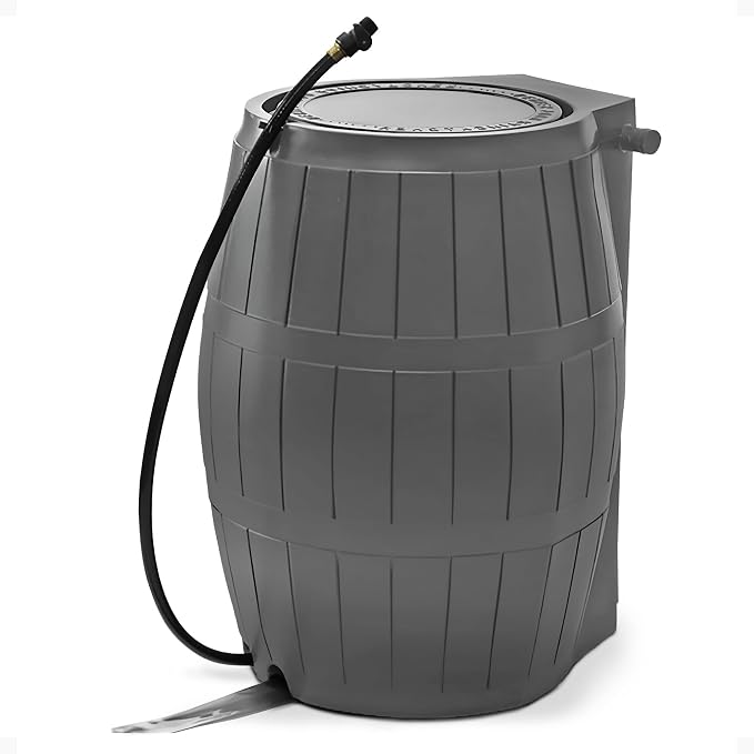 FCMP Outdoor Raincatcher 4000, Flat-Back Rain Water Barrel, 50-Gallon, Gray - Rainwater Collection Storage Container w/Side Spigots, Mesh Screen, Garden and Overflow Hose & Linking Kit