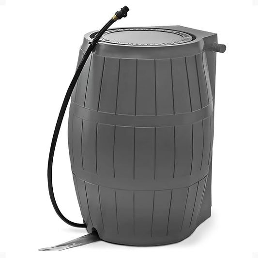 FCMP Outdoor Raincatcher 4000, Flat-Back Rain Water Barrel, 50-Gallon, Gray - Rainwater Collection Storage Container w/Side Spigots, Mesh Screen, Garden and Overflow Hose & Linking Kit
