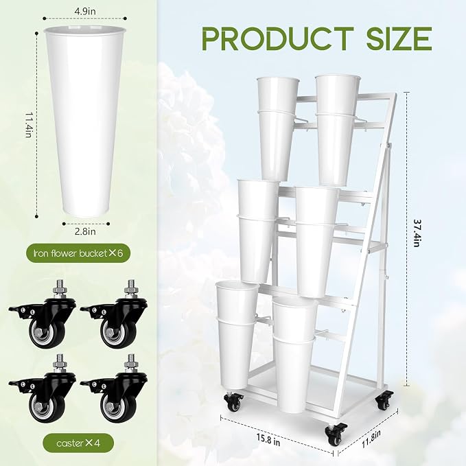 Flower Bar Stand with 6 Buckets, 3-Tier Metal Flower Display Stand on Wheels, Mobile Flower Cart for Indoor & Outdoor Garden, Flower Shop, Wedding, Party Decor(White)