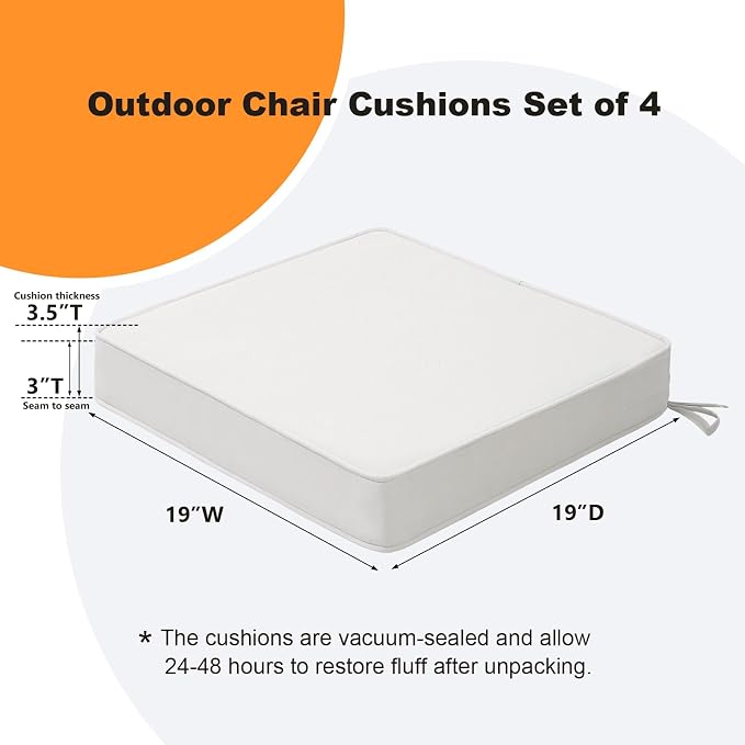 Unimatta Square Corner Seat Cushions, 19" x 19" x 3", Set of 4, Indoor Outdoor Water Repellent Universal Chair Pads with Ties for Patio Furniture, Garden Deck Dining Chairs, Linen