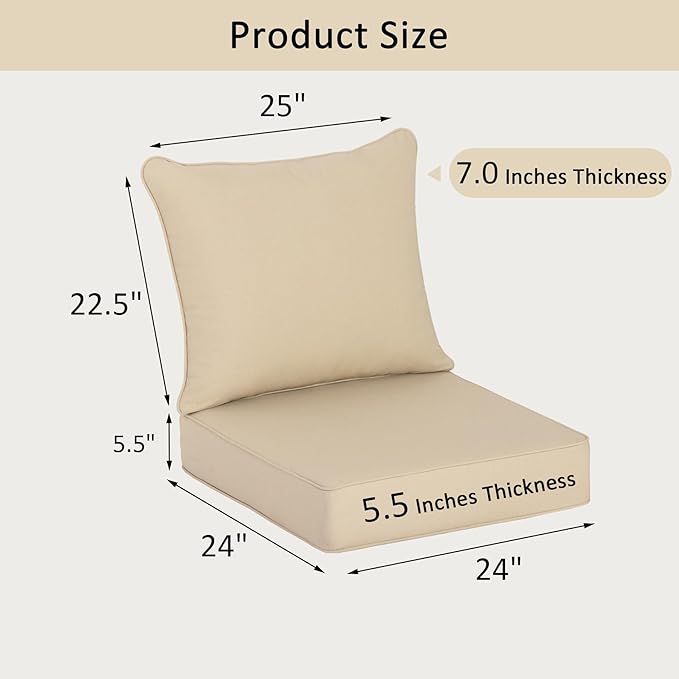 COZYVIDA Outdoor Deep Seat Cushion Set of 1, 24"x24" Seat & 25"x22.5" Back, C0 Water-Resistant Breathable Polyester, UV-Resistant 1000+ Hrs, 30D Foam with Recycled Fiber Fill,Beige
