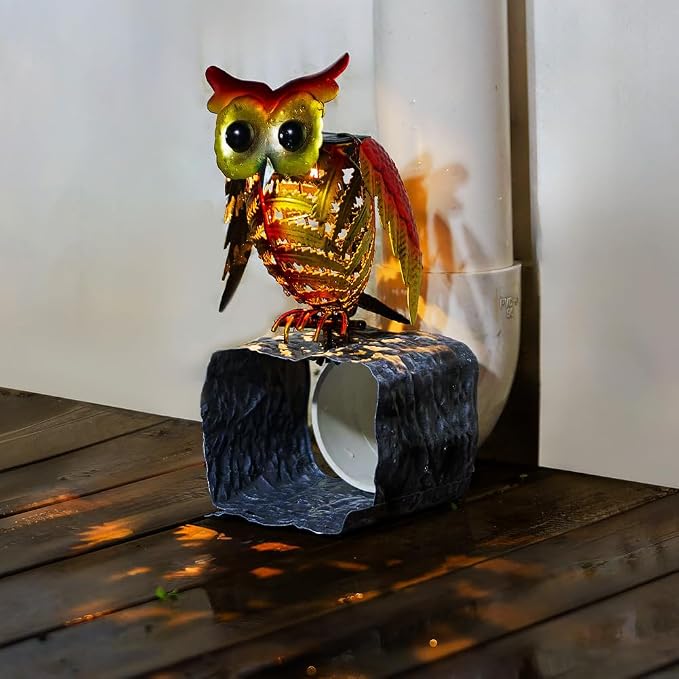 Owl Metal Gutter Downspout Extensions with Solar Powered Lights, Outdoor Waterproof Splash Block Sculpture Garden Decor, Animal Statue Ornaments for Garden, Yard, Lawn