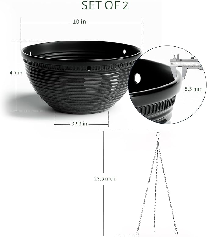 Vanslogreen 2 Pack Hanging Planters for Indoor Outdoor Plants, 10 Inch Hanging Planter with Drainage Hole & Plug Glazed Hanging Baskets Flower Pots for Garden Home (Black)