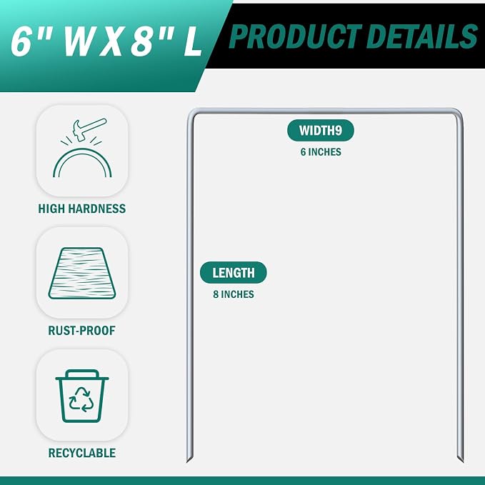Wonderjune 80 Pack Heavy Duty Wide Landscape Staples, 7 Gauge Galvanized Steel Turf Stakes Garden Stakes Bulk, U Type Anchor for Grass, Securing Weed Barrier Fabric, Pipes, Sod (8"x6")