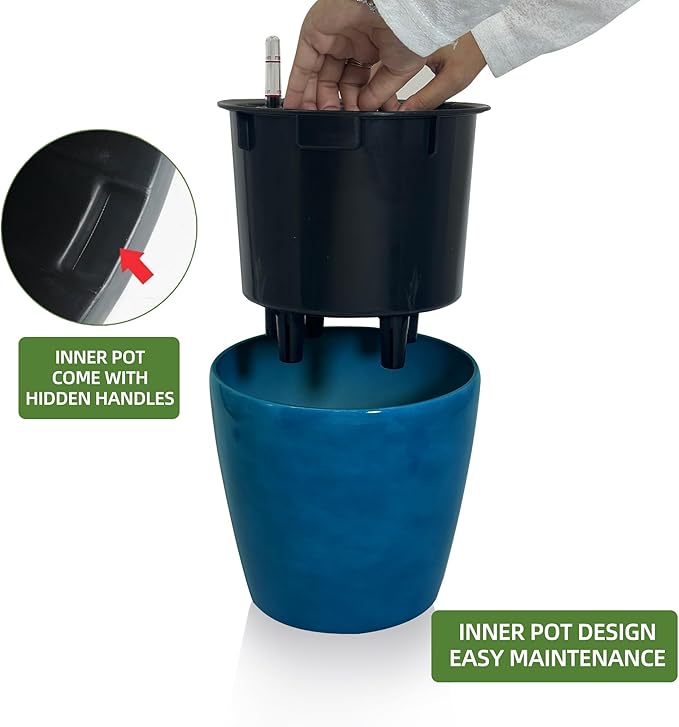Dexceder 9x8 Self Watering Planter (Peacock Blue Gradient) | Inner Pot Design, Thickened Table Flower Plant Pot with Water Level Indicator Indoor Outdoor