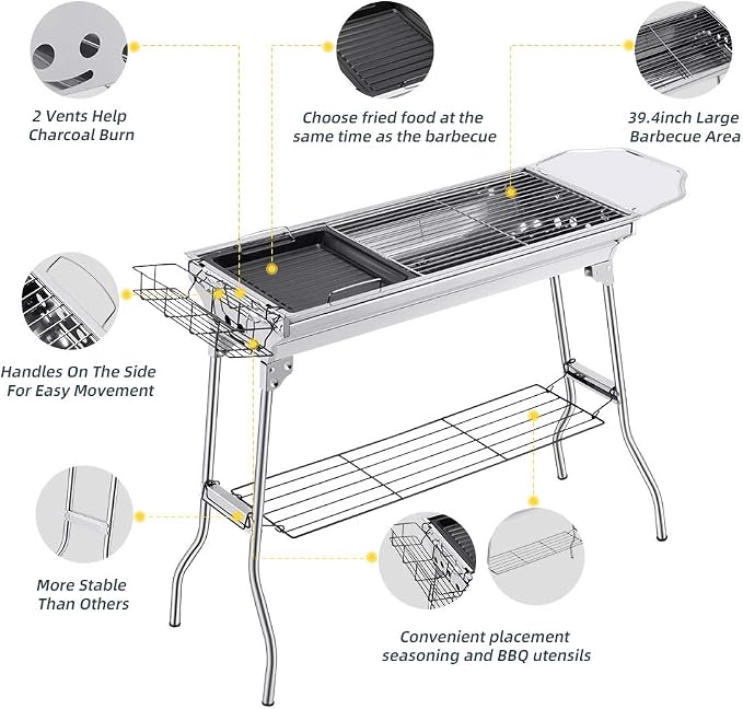 Portable Charcoal Grill,Outdoor BBQ Grill for Christmas Picnic, Thanksgiving Family Gathering and Backyard Barbecue,With Storage Bag & Non-Stick Frying Pan