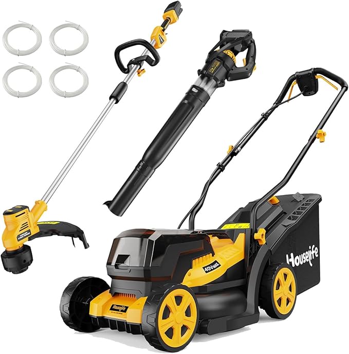 3-Piece Cordless Lawn Care Bundle Compatible with DEWALT 20V MAX Battery: 14" 40V(2x20V) Foldable Lawn Mower, 16" Brushless String Trimmer & 600 CFM Leaf Blower, Tool Only