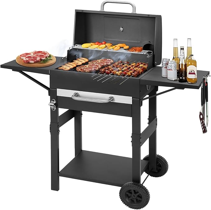 Charcoal Grills Outdoor BBQ Grill with 2 Side Table,Barbecue Grill Smoker with 343 Sq.in.Cooking Area for Outdoor Cooking Backyard Camping Picnics Beach by DNKMOR