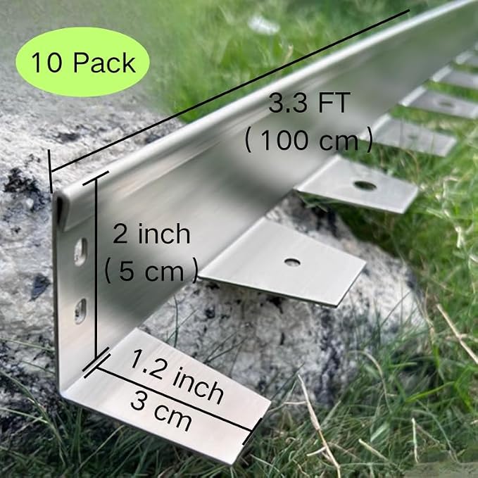 33 Ft 10 Pcs No Dig Stainless Steel Metal Lawn Edging - Flexible Garden Landscape Border with Stakes, Sliver for Lawn Flower Garden Yard