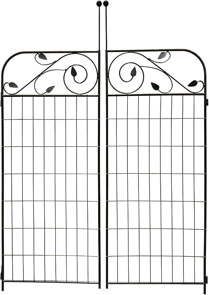 1 Pack 44 Inches x 36 Inches Black Coated Steel Decorative Garden Fence Gate with 8 Leaves, Heavy Duty Metal Wire Border Gate