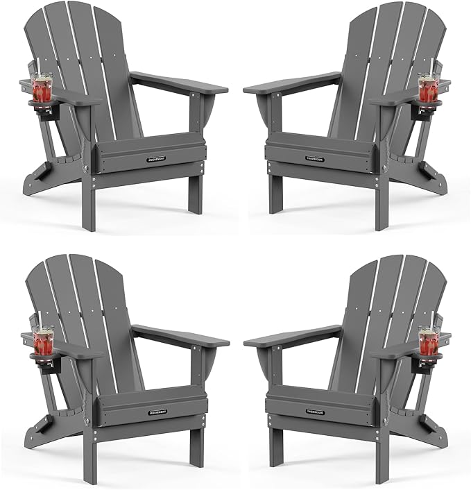MUCHENGHY Folding Adirondack Chairs Set of 4, Hdpe Fire Pit Chairs, Outdoor Chairs, Plastic Adirondack Chairs, Lawn Chairs Weather Resistant with Cup Holder for Deck, Backyard, Garden(Gray)