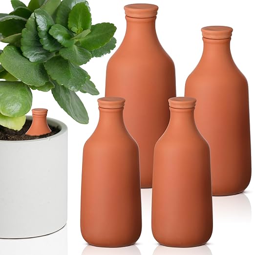 DoubleFill 4 Pcs 10, 16, 24 oz Ollas Terracotta Watering Pots Self Watering Planter Insert Terracotta Globes Clay for Outdoor Indoor Garden Plants, Easy to Refill