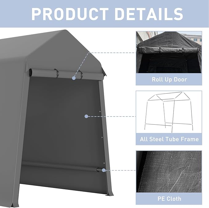 6X8FT Heavy-Duty Portable Outdoor Shelter Shed - Waterproof UV-Resistant Carport with Roll-Up Zipper Doors & Vents, Anti-Snow Motorcycle Garage Tent, Grey