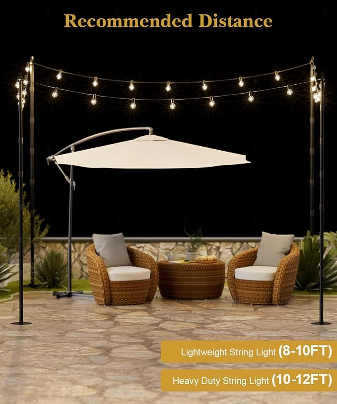 10Ft String Light Poles for Hard Surfaces, Outdoor Light Stand for Backyard, Garden & Patio Party Lighting, Heavy-Duty Metal Poles with Waterproof Finish, Rustproof & Adjustable, 2 Pack