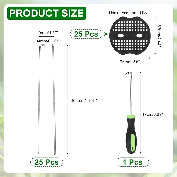 uxcell 25Pcs Garden Stakes, 12 Inch 8 Gauge Galvanized Landscape Staples U-Type Turf Stake Sod Pin Plant Stakes with Gasket&Hook for Landscaping Securing Weed Barrier Fabric, Silver