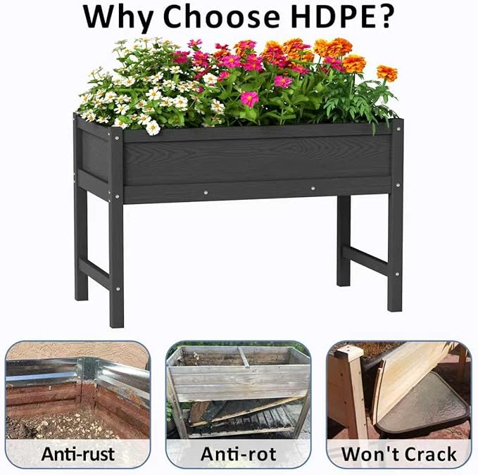 Raised Garden Bed Outdoor with Legs,HDPE Elevated Planter Box Rot-Resistant and Non-Cracking,Raised Beds for Gardening for Backyard, Patio, Balcony, 300lb Capacity Black