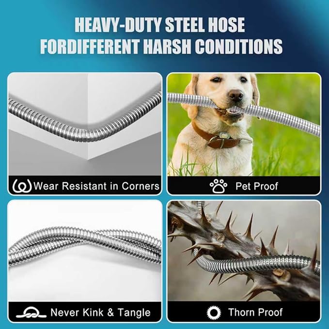 Torriweg 15FT Stainless Steel Garden Hose with 10-Pattern Nozzle, Lightweight and Kink Free, Flexible, Never Kink & Tangle for Yard, Outdoor