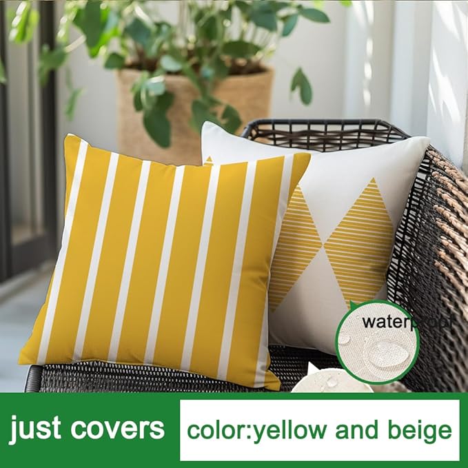 RABUSOFA Yellow and White Outdoor Pillows Waterproof,18x18 inch Boho Summer Outdoor Pillow Covers Set of 4 for Patio Furniture Sunbrella (2Y-18) (18"x18")