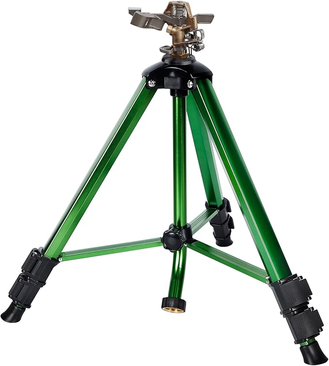 Biswing Impact Sprinkler Head on Tripod Base, Heavy Duty Lawn Sprinklers, 360 Degree Large Area Irrigation, Metal Sprinkler Nozzle & Solid Alloy Metal Extension Legs Flip Locks, 1 Pack
