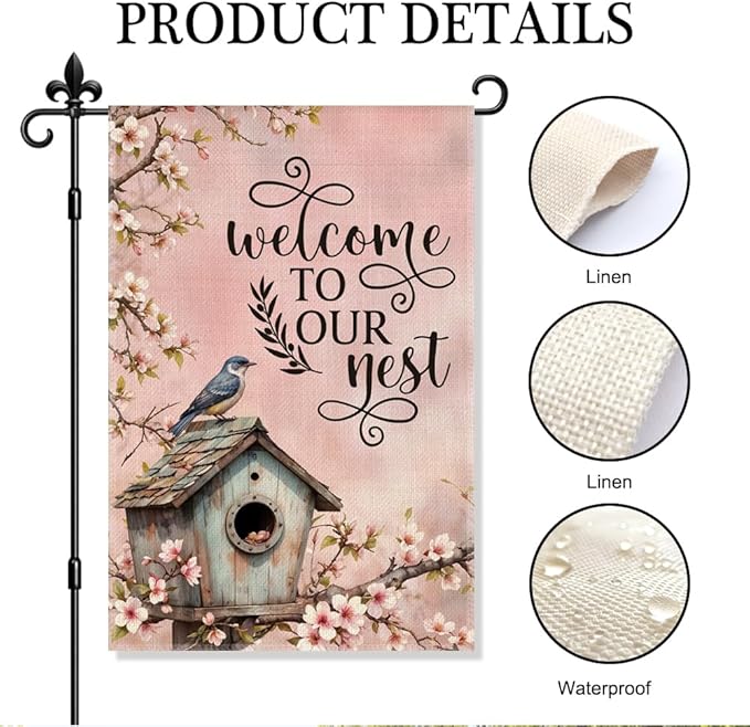 Welcome To Our Nest Garden Flag Double-Sided Yard Outdoor Decoration 12x18 Inch, Outdoor Bird Nest Flower Welcome Garden Flag, Home Decor Banners, New Home Housewarming Gifts