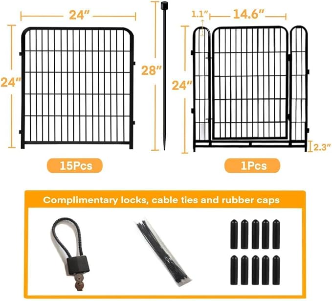 Getlay 24 in(H) Decorative Garden Fence with Gate,16 Panels Total 31.4 Ft(L) Heavy Duty Iron Animal Barrier Fence for Yard,Suitable for Indoor Pet Or Outdoor Dog Fencing, Garden Border Fence