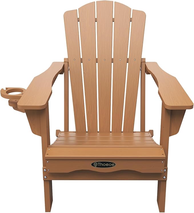 THOEOE Folding Adirondack Chair Set of 8, HDPE All-Weather Outdoor Chair with Cup Holder, Wooden Textured, Fire Pit Chair, Plastic Patio Chair for Deck, Backyard, Garden, Lawn