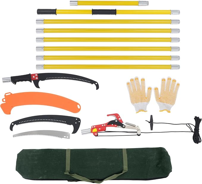 findmall 27ft Manual Pole Saw Extendable Tree Pruner Sharp Steel Blade and Scissors High Branches Trimming for Pruning Palms and Shrubs with 8 Long Handles Orange