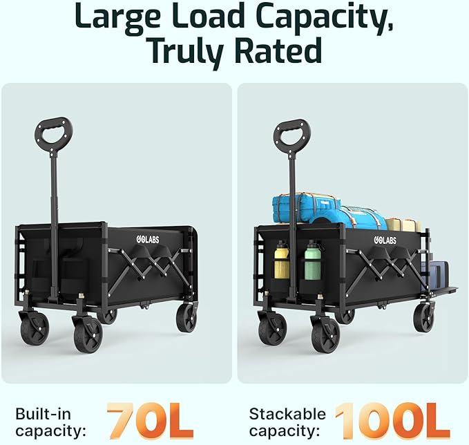 Golabs Collapsible Wagon Cart Max 350lb Load & Expandable Storage 100L, Double Bearing Design for Flexible Steering, Foldable Heavy Duty Garden Cart with 2 Cup Holders for Groceries, Garden & Camping
