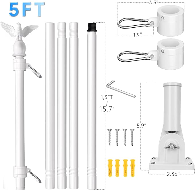 LETSTRY American Flag with Pole & Flag Pole Light, 5FT White Flagpoles for Outside House with 180° Adjustable Bracket, 1" Thickened Stainless Steel Wall Mount Flagpole for Residential Porch Outdoor