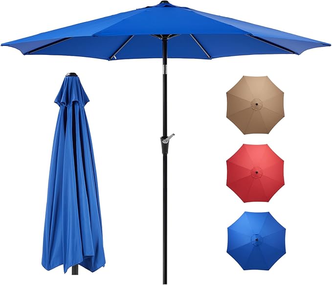 OLIXIS 9FT Patio Table Umbrella with Tilt and Crank Button & 8 Sturdy Ribs Waterproof, 9 Feet Outdoor Patio Umbrella Sun Shade for Poolside, Terrace, Beach and Restaurant, Blue