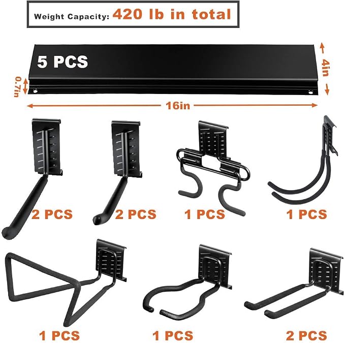 Wallmaster 15 PCS Tool Storage Rack Garage Storage Wall Mount & Bike Rack for Garage 2-Pack Bike hooks Bike Hanger Wall Mount