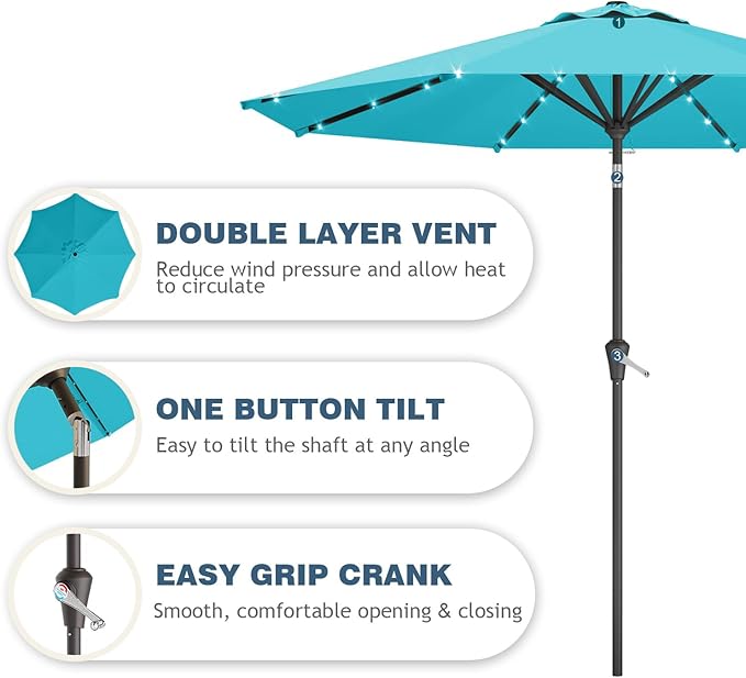 9FT Patio Umbrella with Solar Lights,Outdoor Market Umbrella with Tilt and Crank, LED Lighted Table Umbrella for Garden,Deck,Backyard,Pool,Beach