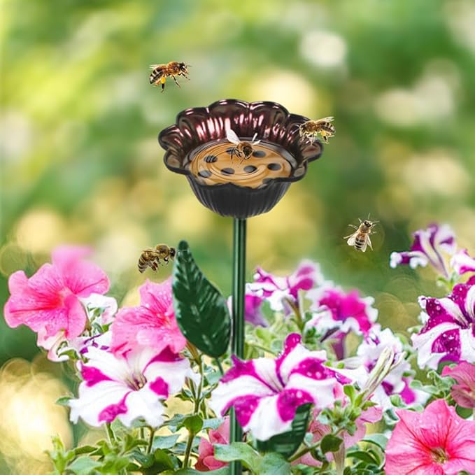 DREAMSOUL 4 Pack Bird Bath with Bee Feeder, Metal Flower Bird Baths Bee Watering Station for Garden Yard Decor (Red, Brown, Purple, Green)