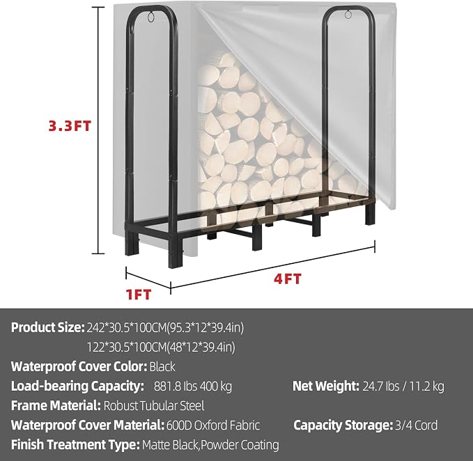 Kendane 4FT Firewood Rack Outdoor with Cover, Heavy Duty Adjustable Firewood log Storage & Holder, Wood Pile Lumber Storage Rack Stacking Outside for Courtyard Patio.