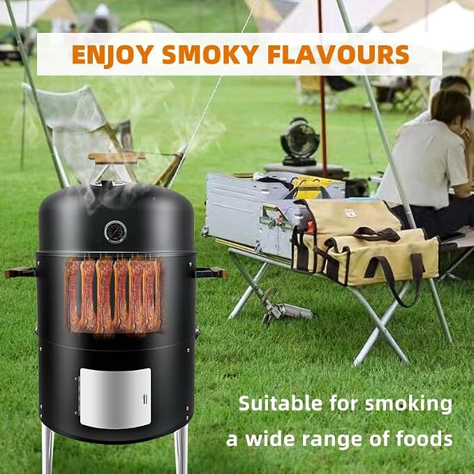 17" BBQ Smoker Grill Built in Thermometer Air Vent and adding charcoal door Multi-Layer heavy duty Meat Smoker Grill