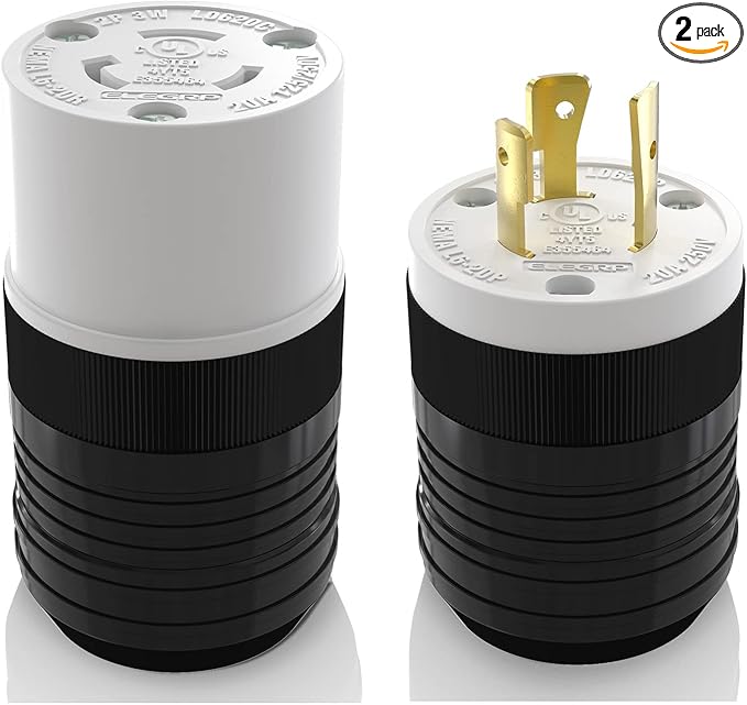 ELEGRP NEMA L6-20P and NEMA L6-20R Locking Plug and Connector, Generator Twist Lock Plug Socket, 20 Amp 250V 2 Pole 3 Wire Grounding, Industrial Grade Heavy Duty, UL Listed (1 Set, Black/White)