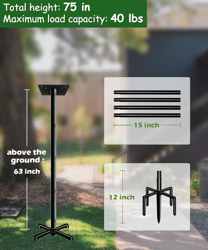 75 Inch Bird House Pole Mount Kit, Adjustable Heavy Duty Bird Feeder Pole for Outdoors, Universal Mounting Post Set with 5-Prong Base, Black, 1 Pack