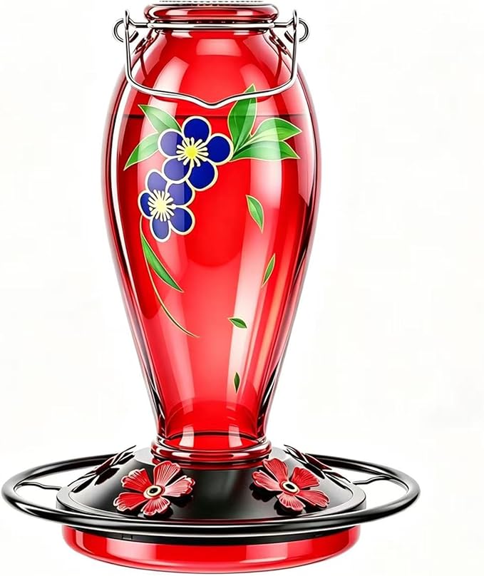 24 OZ Hummingbird Feeder for Outdoors Hanging, Heavy-Duty Thick Glass Humming Bird Feeder with Floral Decals, Leak-Resistant Metal Base with 5 Feeding Ports & Perch, Decorative Garden Deco(Red)