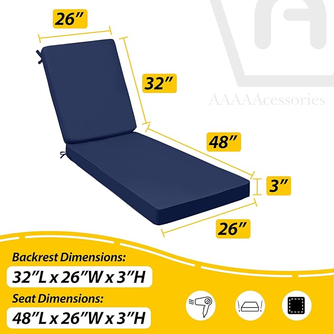 AAAAAcessories Outdoor Chaise Lounge Cushions, Waterproof Patio Furniture Replacement Cushions, Fade-Resistant, 80" x 26" x 3", Set of 2, Navy Blue