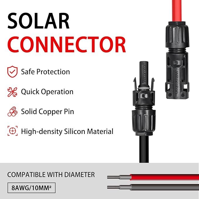 8AWG Solar Connectors IP68 Waterproof 1500V 70A Solid Tinned Copper Terminal Black 5 Pairs for Solar PV Panel Cable(10mm²)