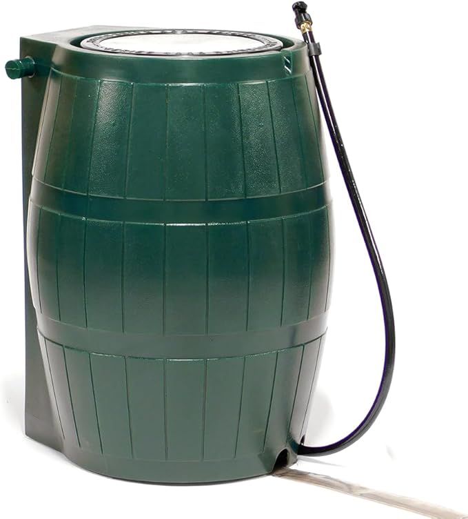 FCMP Outdoor Raincatcher, Flat-Back Rain Barrel with Spigots, 50 Gallon, Green