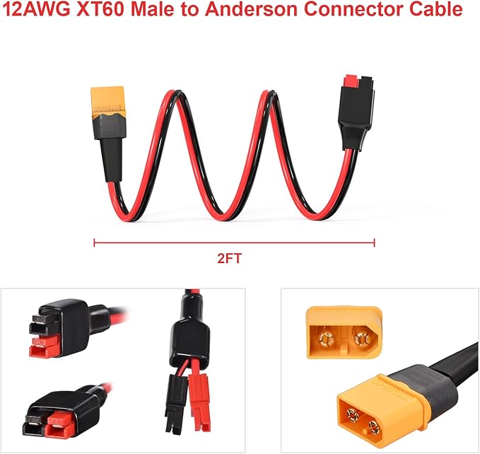 ELFCULB XT60 to Anderson Adapter,12AWG XT60 Male to Anderson Connector Cable for Portable Power Station UAV RC Battery (2FT)