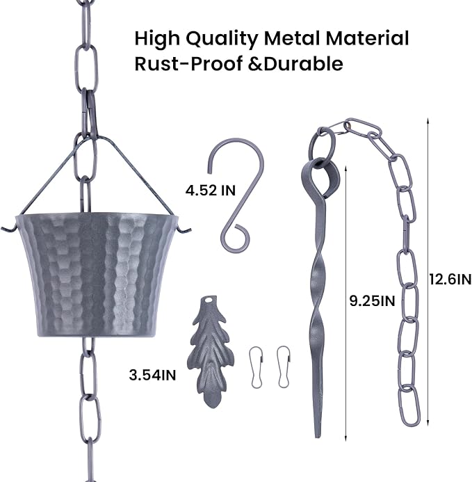 Rain Chain for Gutters with Adapter,Wrought Iron Rain Chains Set 8.5 Ft,Not Rust, Gotta Drain with Sturdy Anchoring Stake, 14 Cups, 1 Hook, Adjustable Gutter Downspout for Outdoor(Blue Gery)