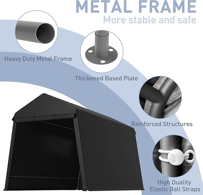 7X12FT Heavy-Duty Portable Outdoor Shelter Shed - Waterproof UV-Resistant Carport with Roll-Up Zipper Doors & Vents, Anti-Snow Motorcycle Garage Tent, Black