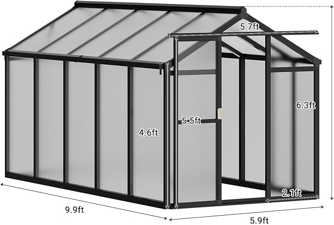 6x10 FT Greenhouse for Outdoors, Polycarbonate Greenhouse with Roof Vent, Ground Nails, Lockable Push Door, Aluminum Large Walk-in Green House for Outside Garden Backyard, Patio, Lawn, Black