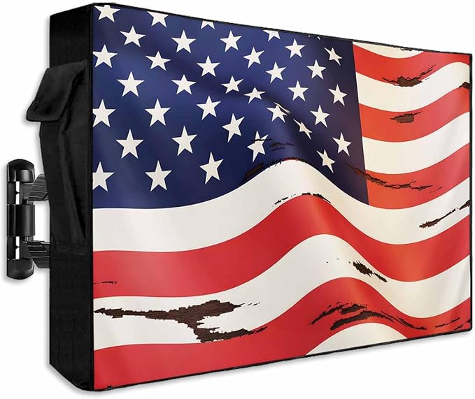 American Flag Outdoor TV Cover 30-32 Inch Weatherproof, Retro Outdoor TV Enclosure with Zipper & Roll Up Front Flap, Blue Star Red Striped Waterproof TV Covers for Outside Flat Screen TV