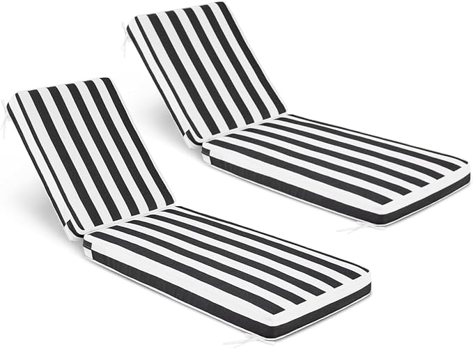 Sundale Outdoor Olefin Chaise Lounge Cushion Set of 2, Water-Resistant Patio Lounge Chair Cushion, Thick Lounger Pad with 4 Straps Cabana Stripe Black, 72 x 21 x 4 Inches
